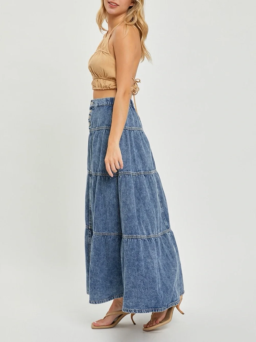 🩵Hello Gorgeous! RISEN High Rise Ruffle Denim Maxi Skirt- Dark Wash